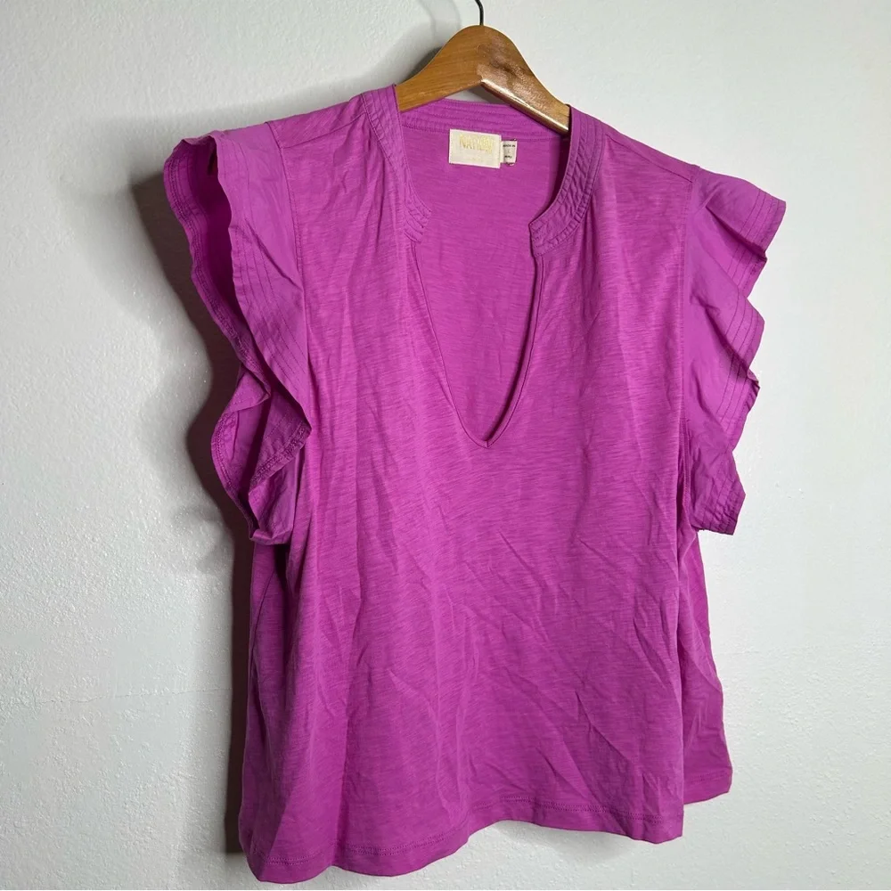 Nation LTD 100% Pima Cotton Flutter Sleeve V - Neck Blouse
